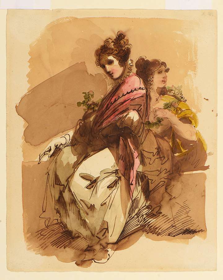 Two Elegantly Dressed Ladies Holding Flowers